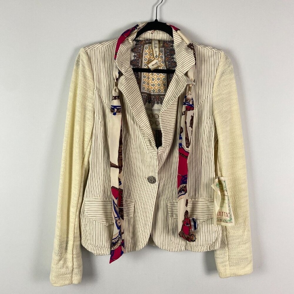 Striped Cream Blazer with Decorative Scarf Trim